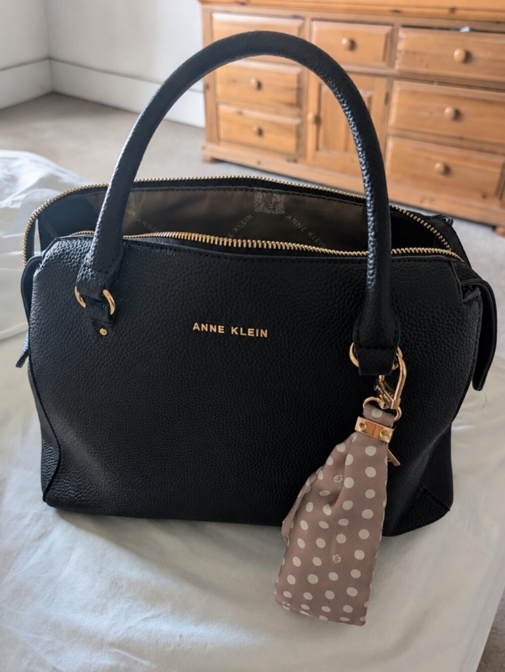 Anne Klein Espresso Brown Pebbled Satchel with Polka Dot Scarf & Charm...NWOT